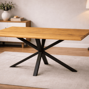 Jedilna miza Masiva Hrast iz masivnega hrasta z debelo 4 cm ploščo in kovinskim podnožjem Pajek, primerna za domače jedilnice in gostinske lokale