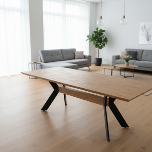 Raztegljiva jedilna miza Smart 160 cm v videzu hrasta s črnim kovinskim podnožjem