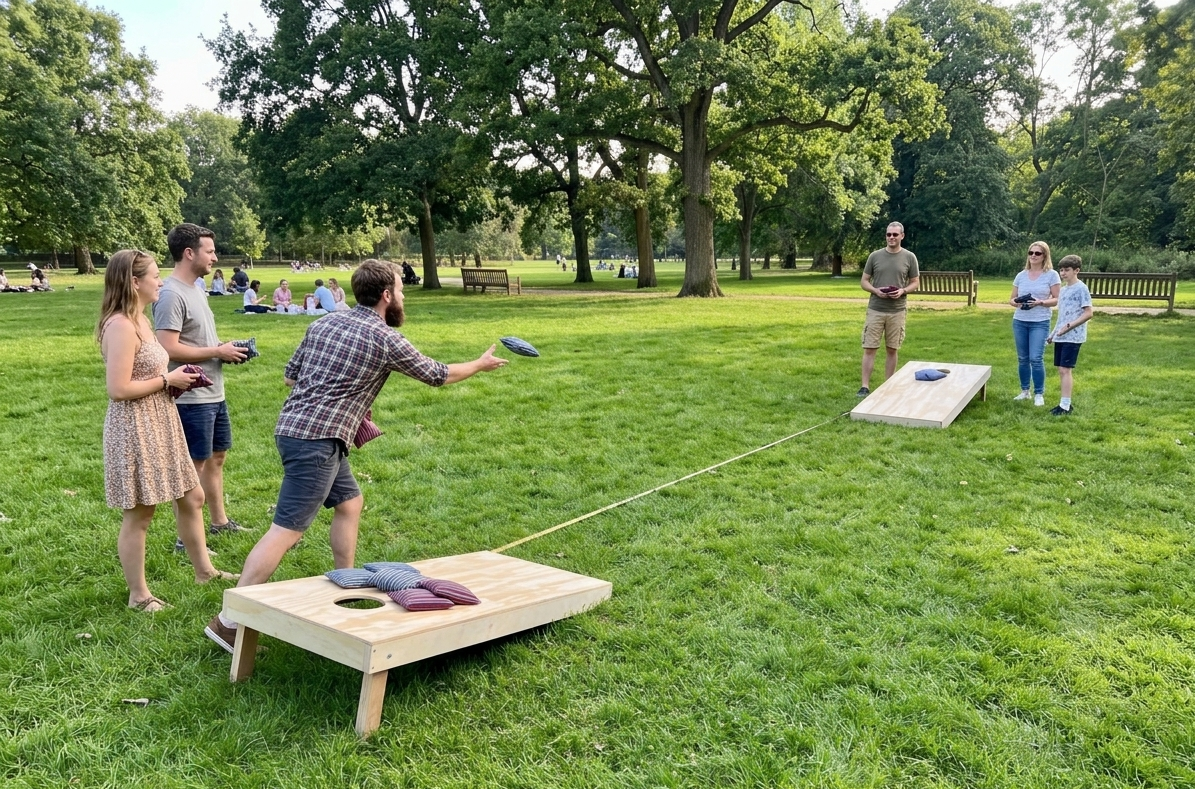 Igranje igre Cornhole na pikniku v parku.